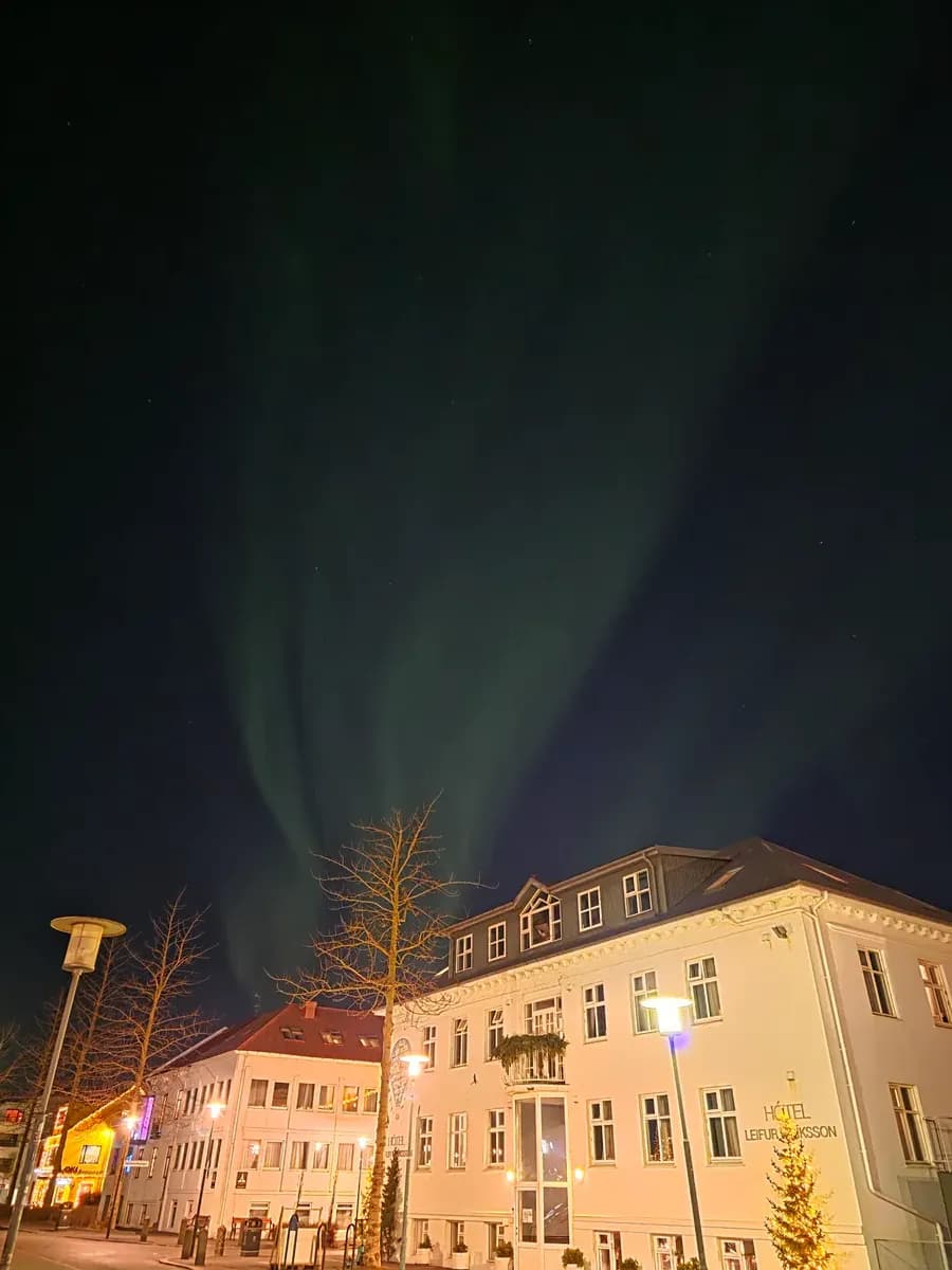 Aurora over black sand beach at Vík